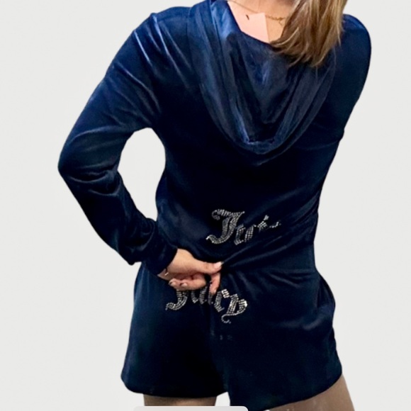 NWT Juicy Couture Bling Luxe Velour Tracksuit Hoodie Short SetL Atlantis Blue